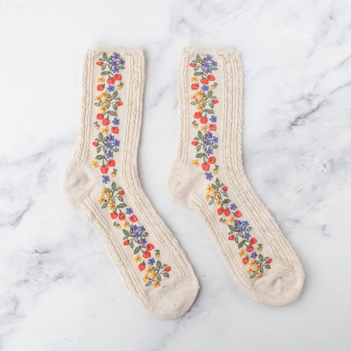 Vintage Strawberry Women’s Socks in cream with mini strawberries, blue and yellow flowers, and green leaves, cotton blend, adult size