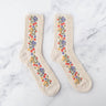 Vintage Strawberry Women’s Socks in cream with mini strawberries, blue and yellow flowers, and green leaves, cotton blend, adult size