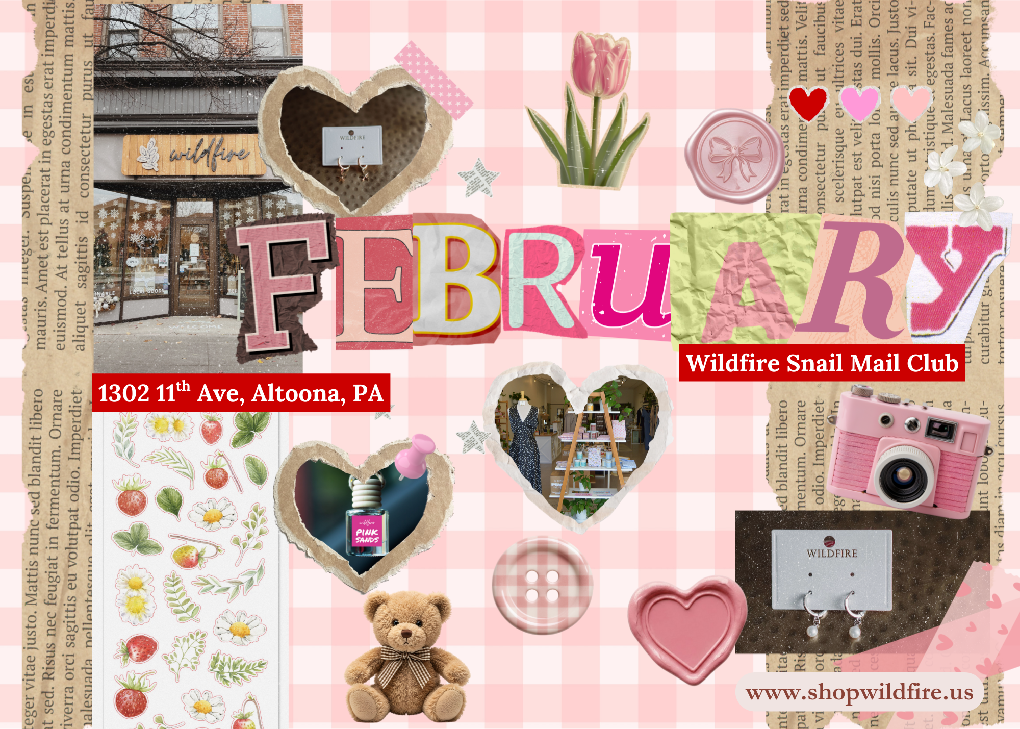 Collage with 'February' text and various items on a pink background