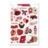 Sticker sheet with various cute illustrations including food, hearts, and accessories on a white background.