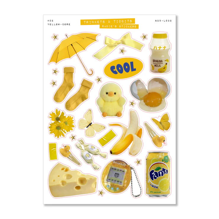 Sheet of yellow-themed stickers with various items on a white background