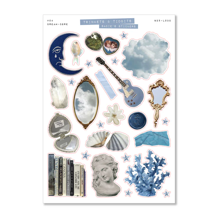 Collection of decorative stickers with celestial and nature-themed designs on a white background.