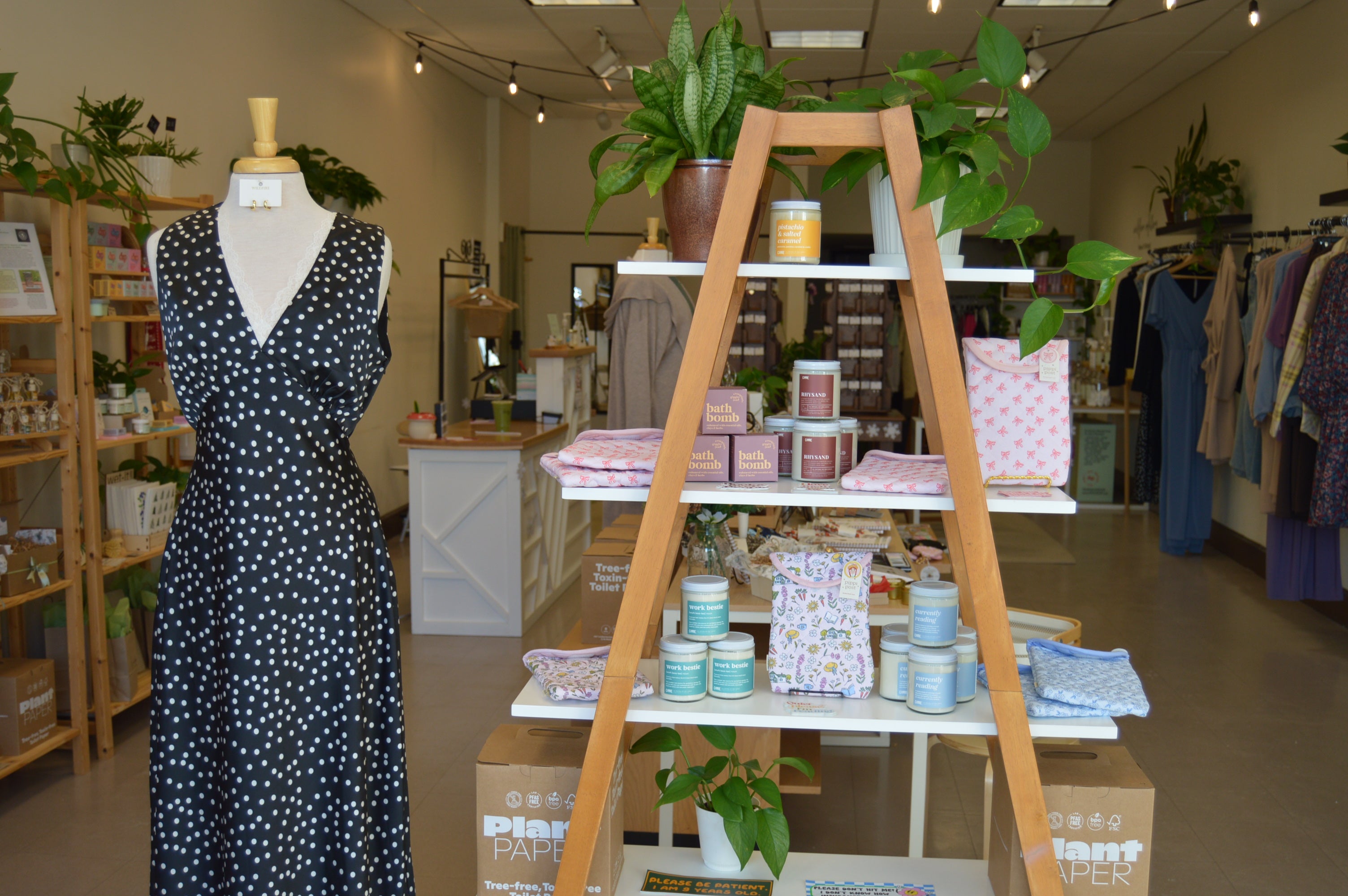 Store interior with a mannequin wearing a black and white polka dot dress, shelves with products, and plants.