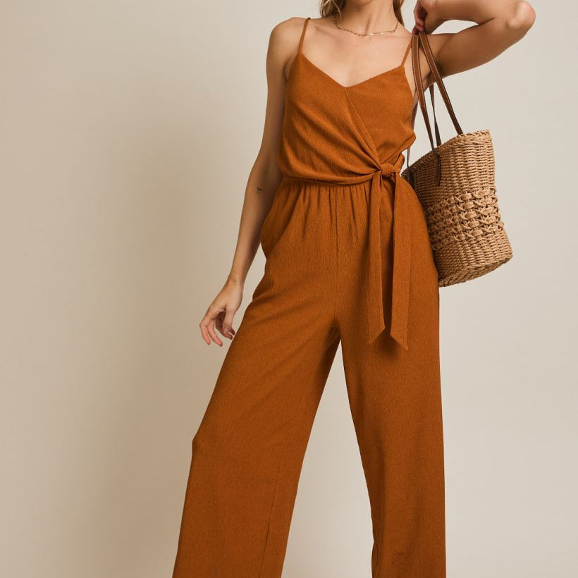 August Jumpsuit Adjustable Straps Faux Wrap in Burnt Orange