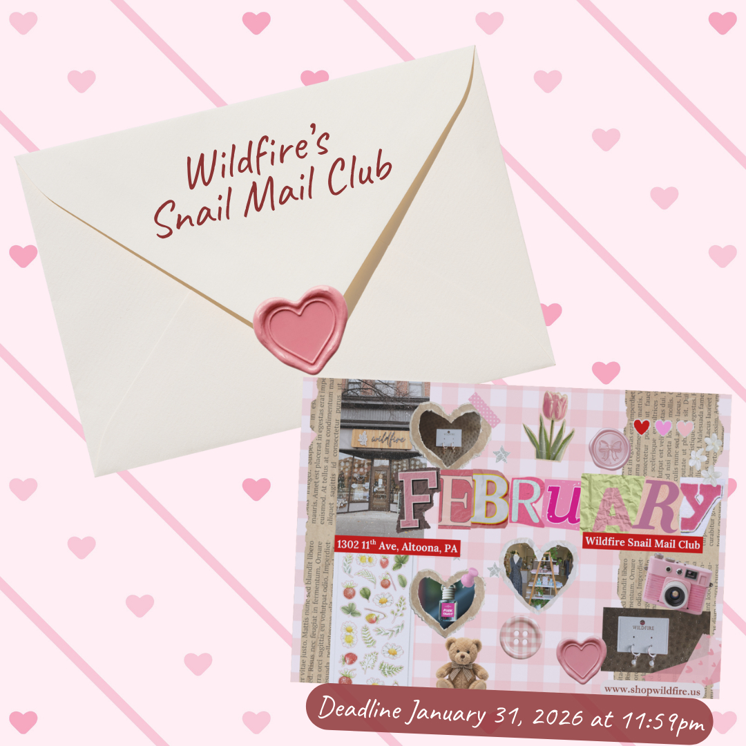 Envelopes with 'Wildfire's Snail Mail Club' text on a pink heart patterned background