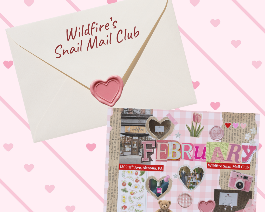 Envelopes with 'Wildfire's Snail Mail Club' text on a pink heart patterned background