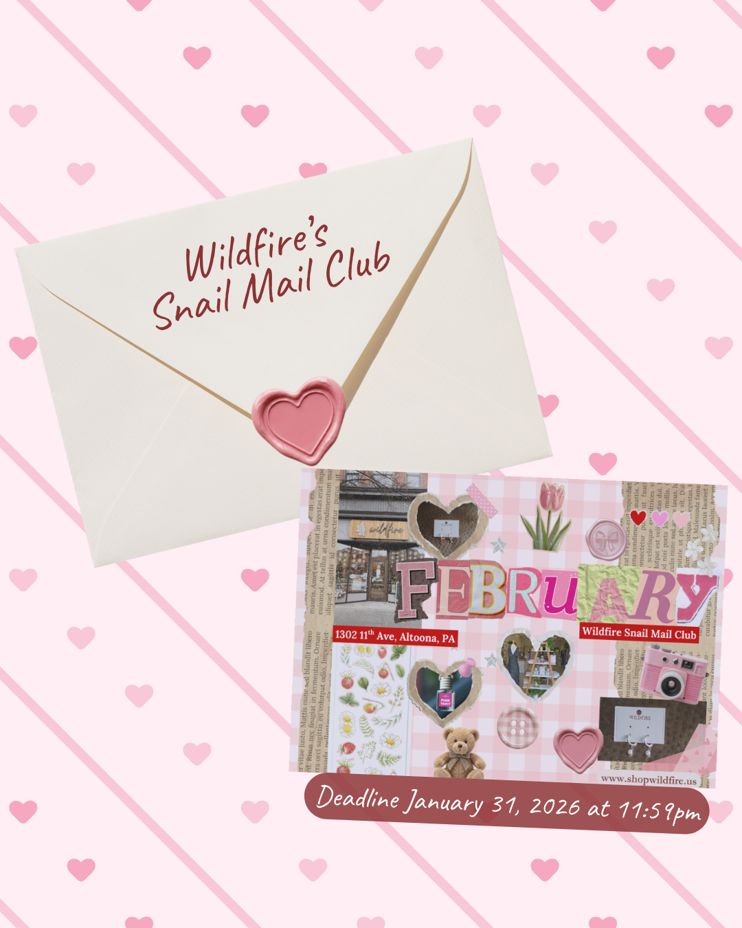 Envelopes with 'Wildfire's Snail Mail Club' text on a pink heart patterned background